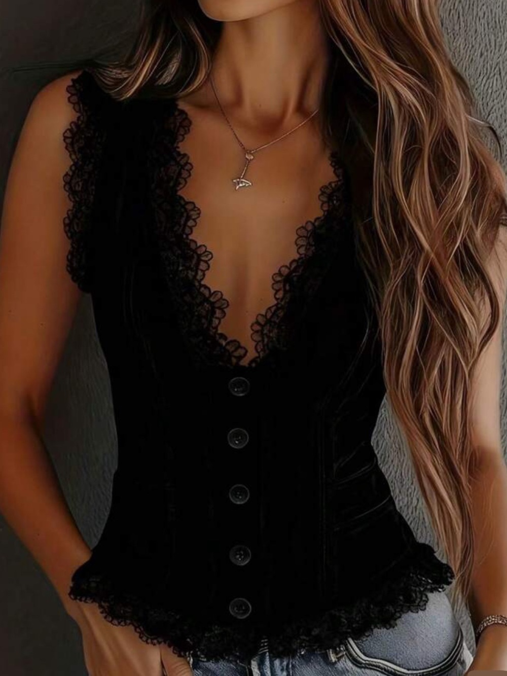 Black Lace-Trim Button Front Women's vest